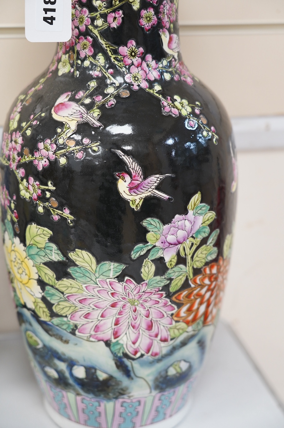 Oriental ceramics to include a Chinese yellow ground charger and a large famille noire vase, 47cm high (6). Condition - yellow charger chipped on rim, bird plate, glaze browned near centre, other four items good